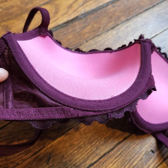 NEW 32C PINK VICTORIAS SECRET plum|purple floral lace date night push up bra - Picture 4 of 7